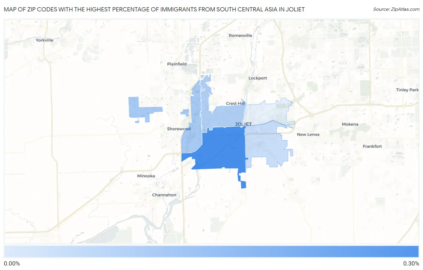 Zip Codes with the Highest Percentage of Immigrants from South Central Asia in Joliet Map