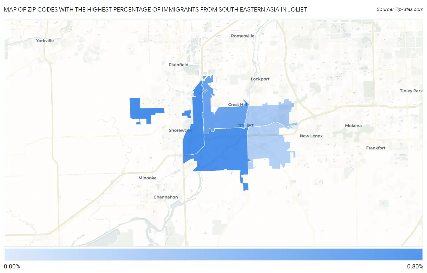 Zip Codes with the Highest Percentage of Immigrants from South Eastern Asia in Joliet Map