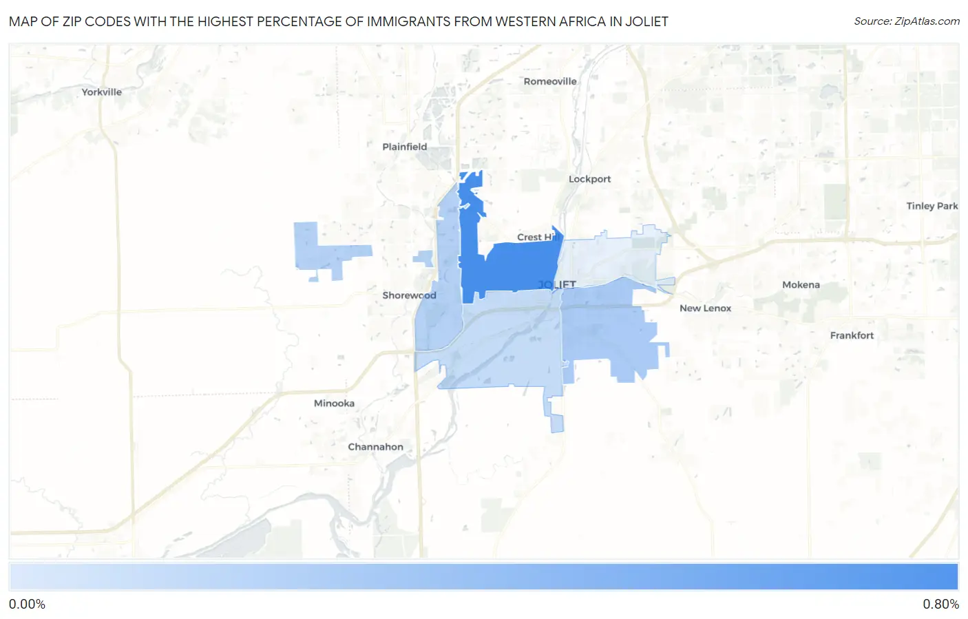 Zip Codes with the Highest Percentage of Immigrants from Western Africa in Joliet Map