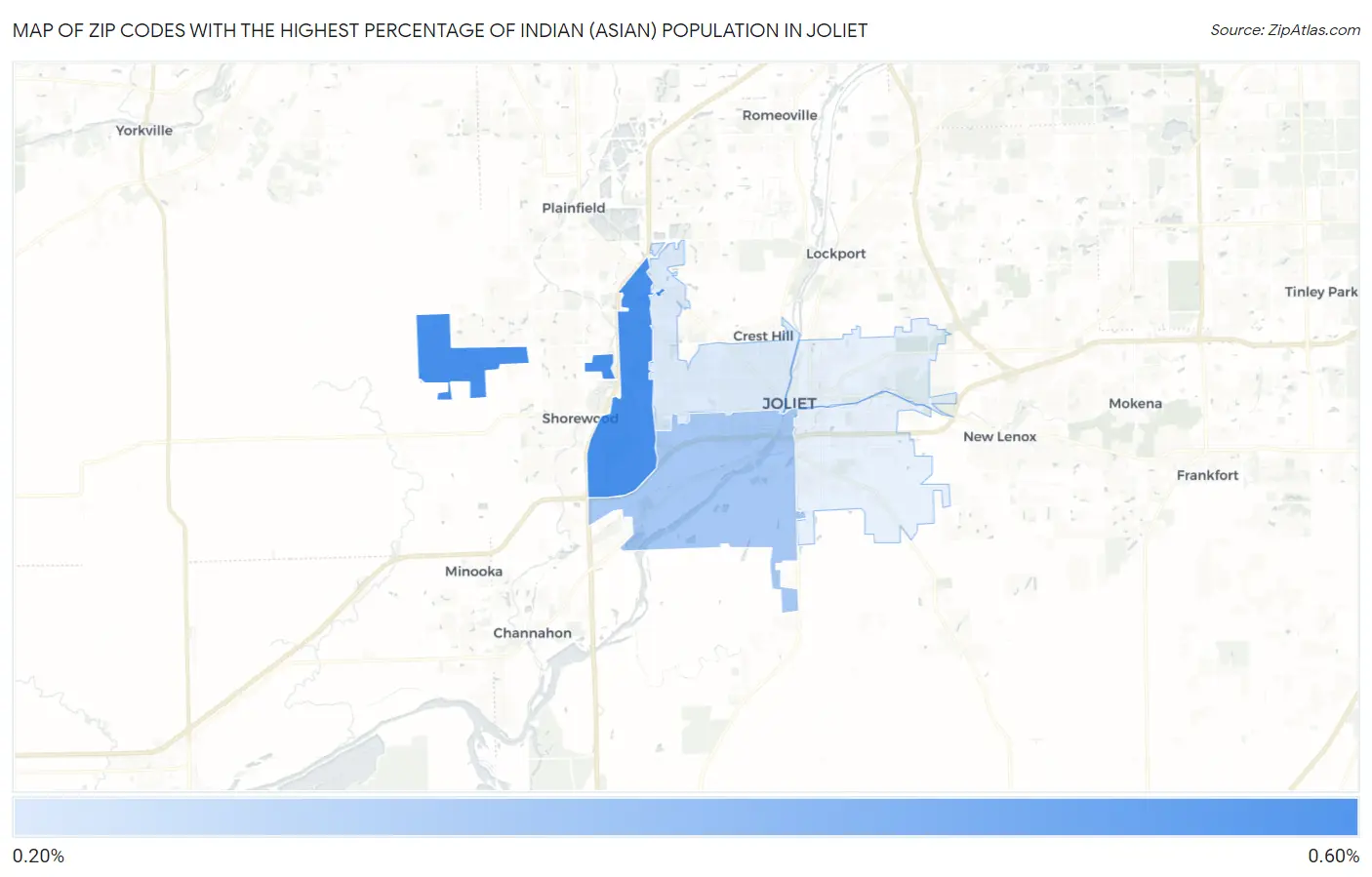 Zip Codes with the Highest Percentage of Indian (Asian) Population in Joliet Map