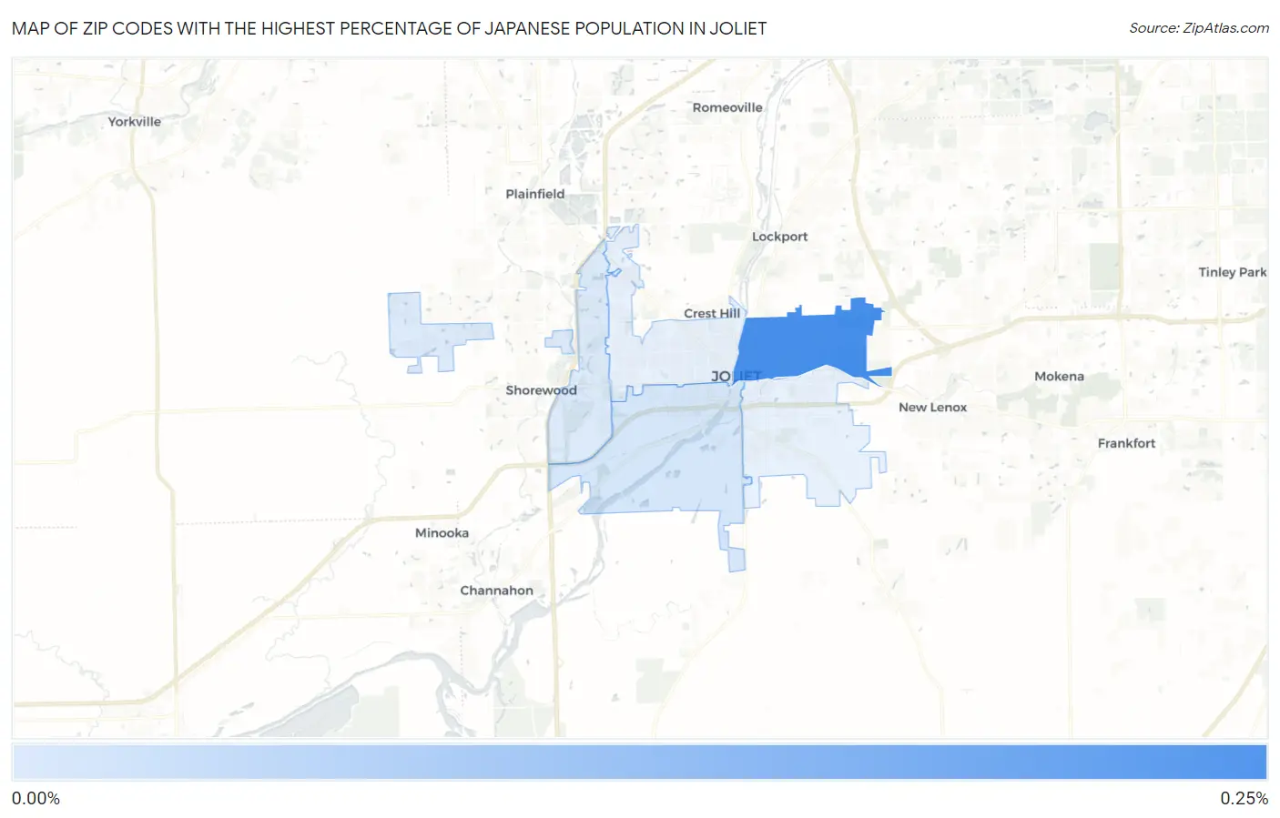 Zip Codes with the Highest Percentage of Japanese Population in Joliet Map