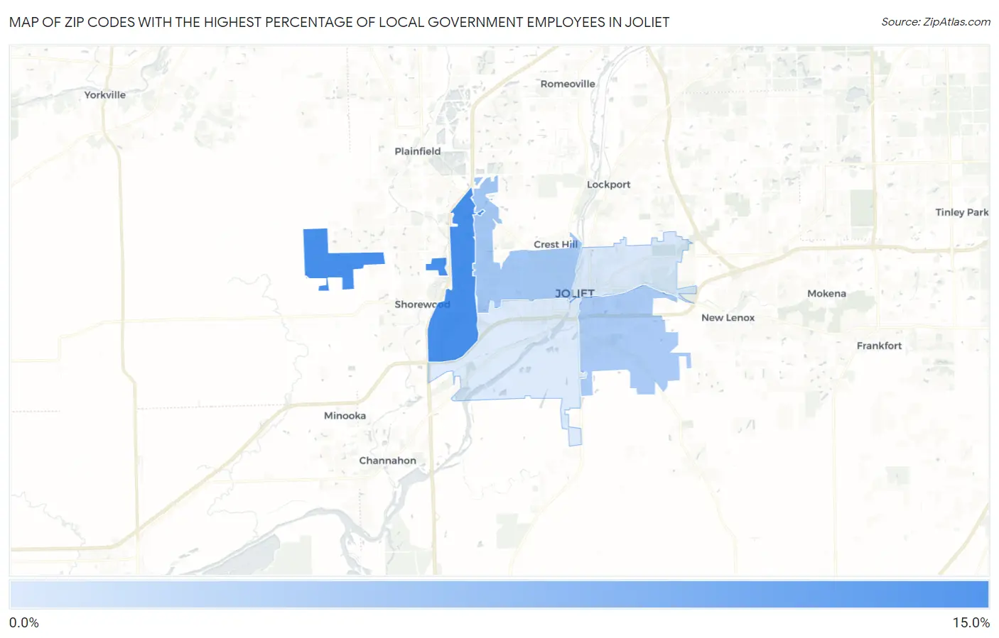 Zip Codes with the Highest Percentage of Local Government Employees in Joliet Map