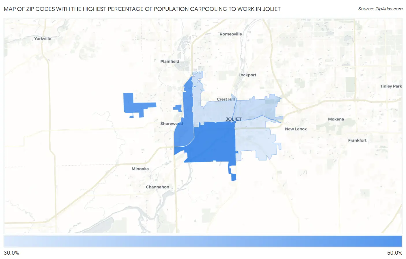 Zip Codes with the Highest Percentage of Population Carpooling to Work in Joliet Map