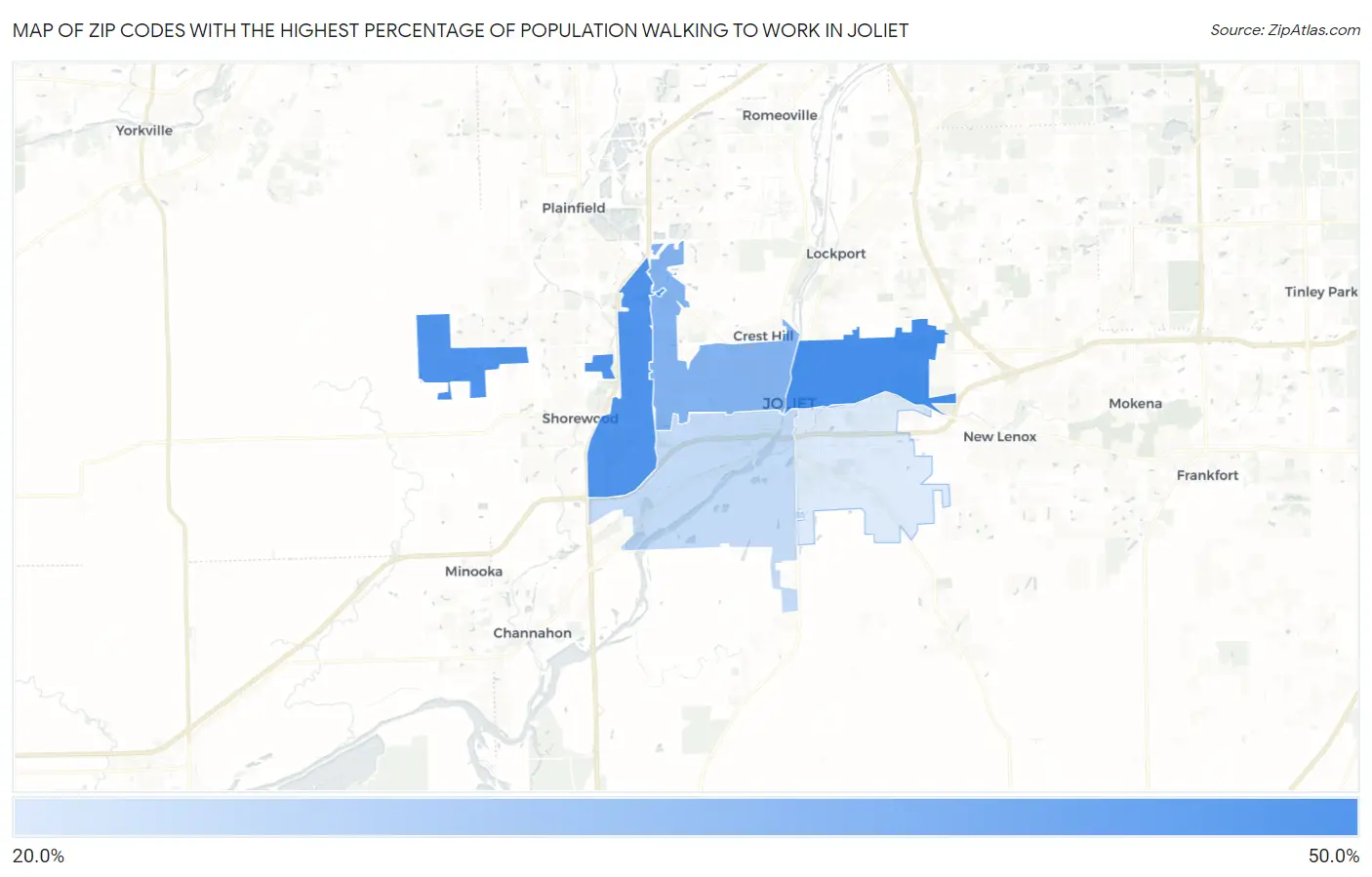 Zip Codes with the Highest Percentage of Population Walking to Work in Joliet Map