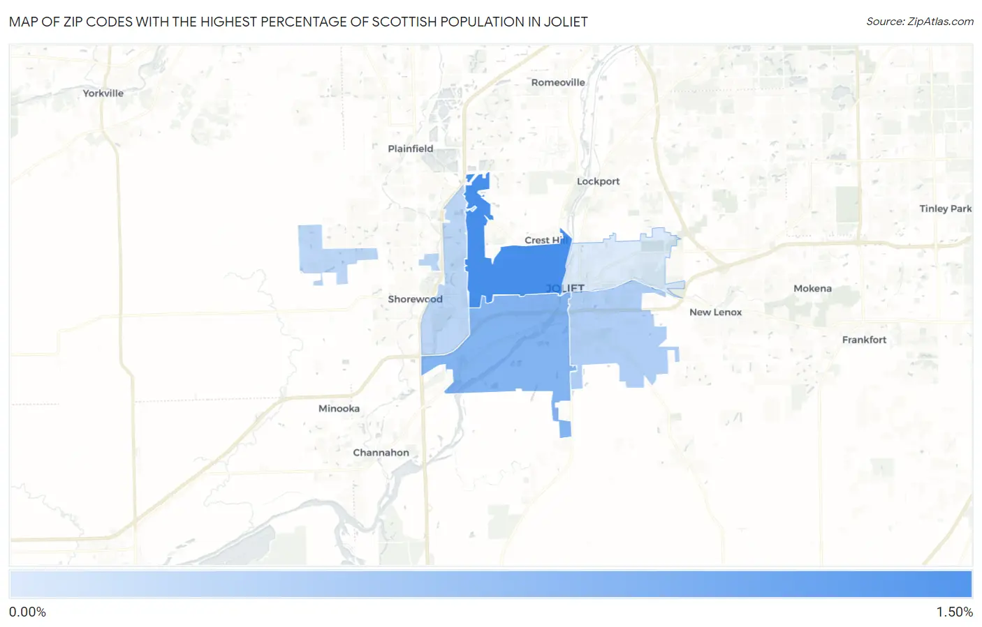 Zip Codes with the Highest Percentage of Scottish Population in Joliet Map