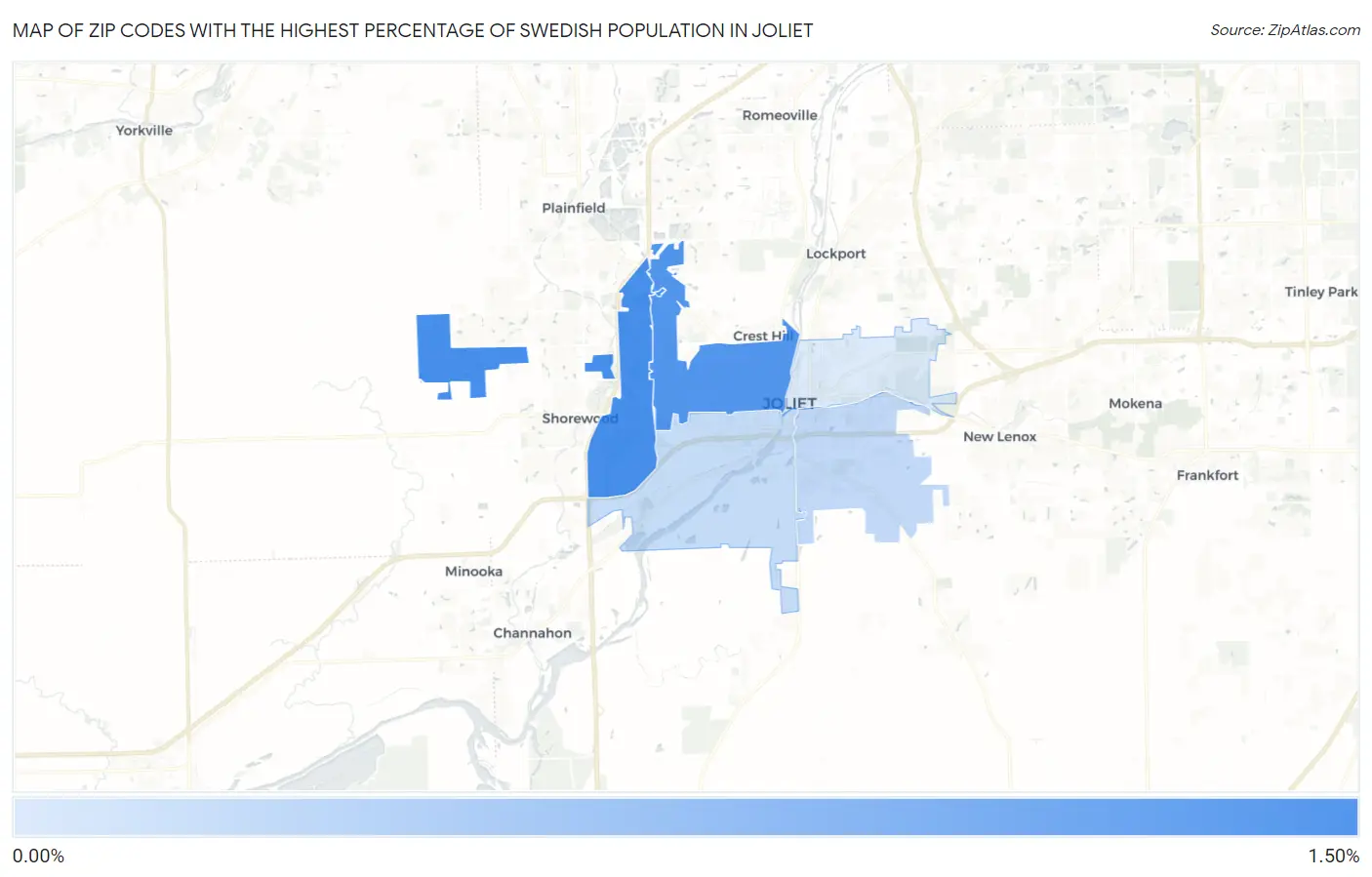 Zip Codes with the Highest Percentage of Swedish Population in Joliet Map