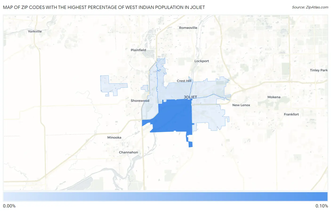 Zip Codes with the Highest Percentage of West Indian Population in Joliet Map