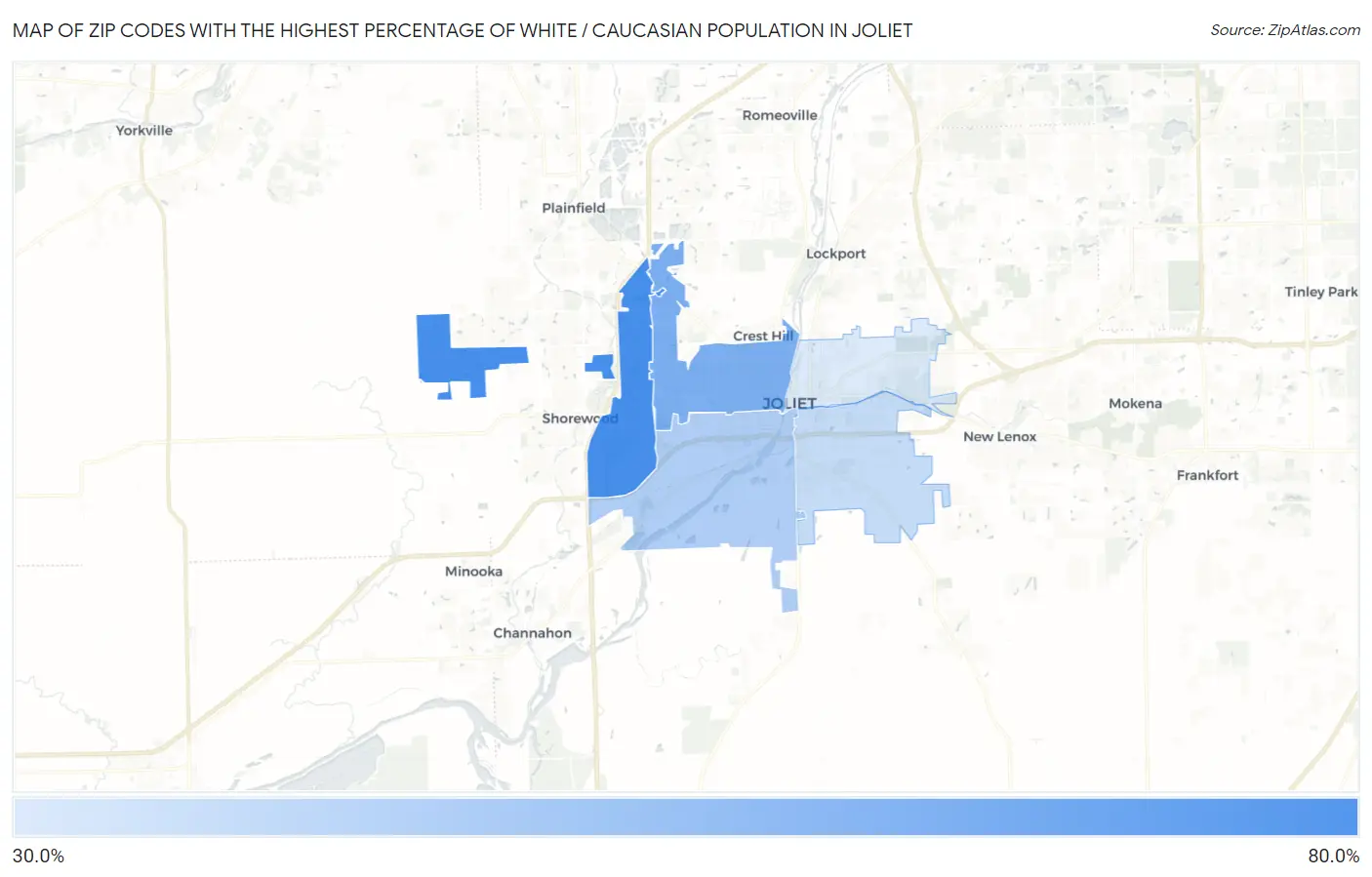 Zip Codes with the Highest Percentage of White / Caucasian Population in Joliet Map