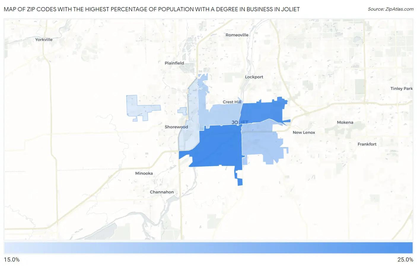 Zip Codes with the Highest Percentage of Population with a Degree in Business in Joliet Map