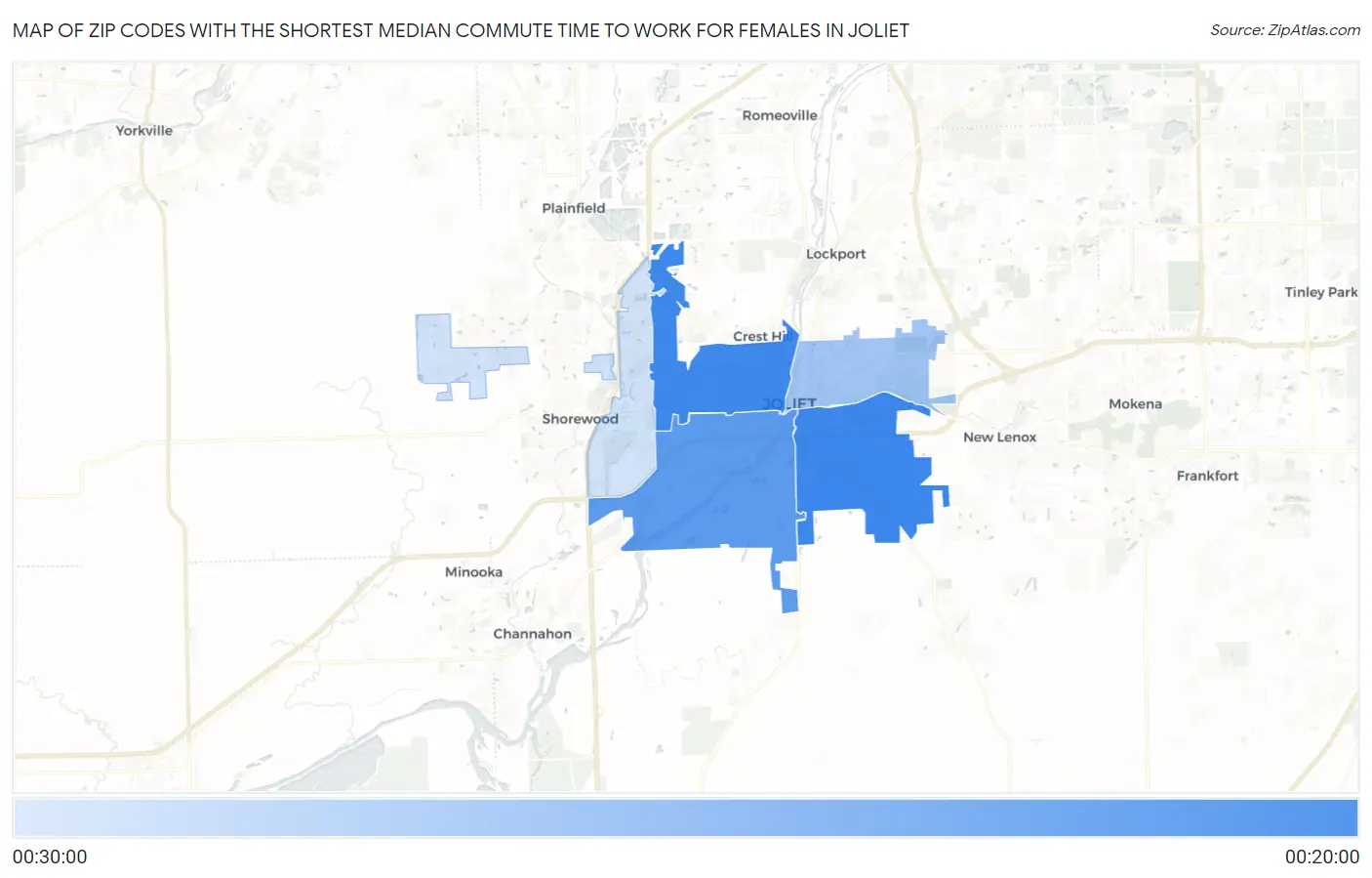 Zip Codes with the Shortest Median Commute Time to Work for Females in Joliet Map