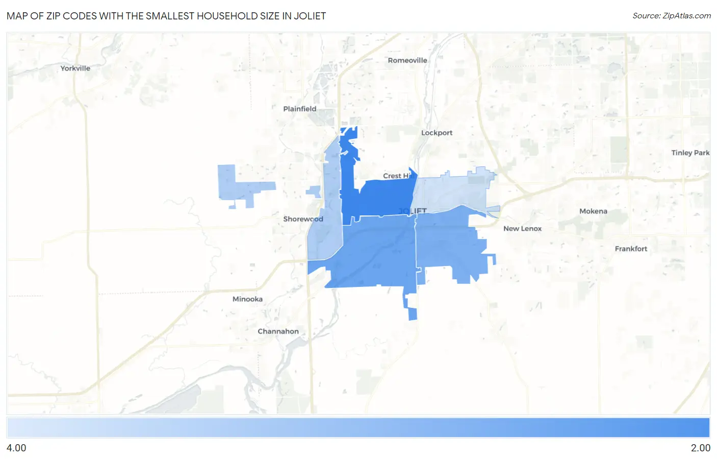 Zip Codes with the Smallest Household Size in Joliet Map