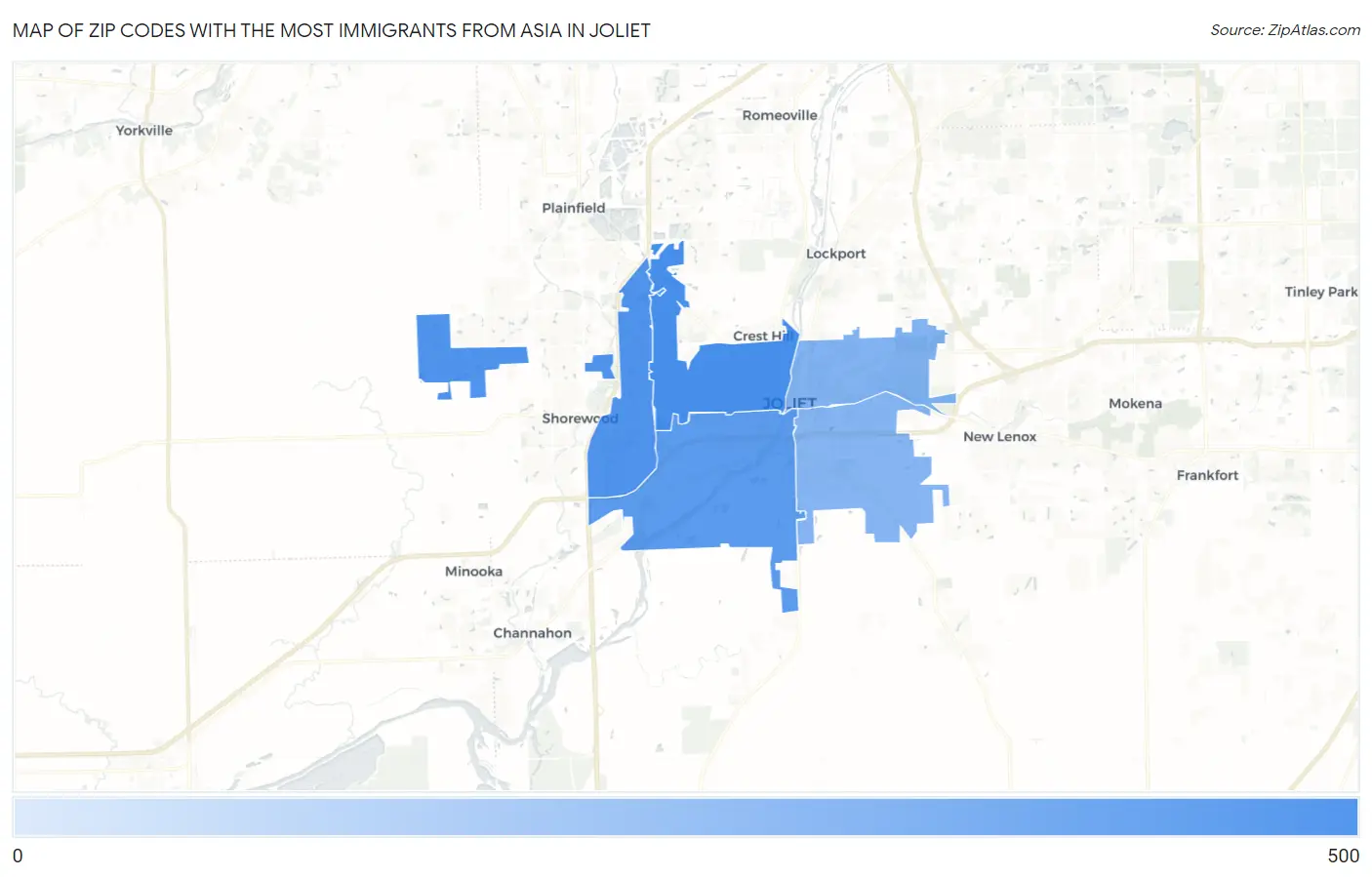 Zip Codes with the Most Immigrants from Asia in Joliet Map