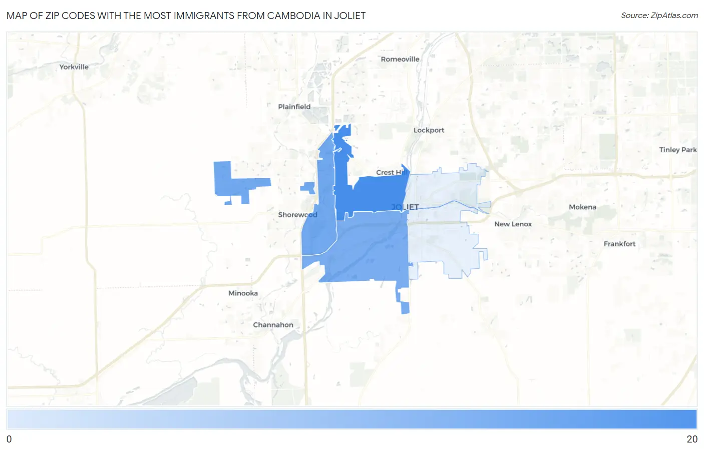 Zip Codes with the Most Immigrants from Cambodia in Joliet Map