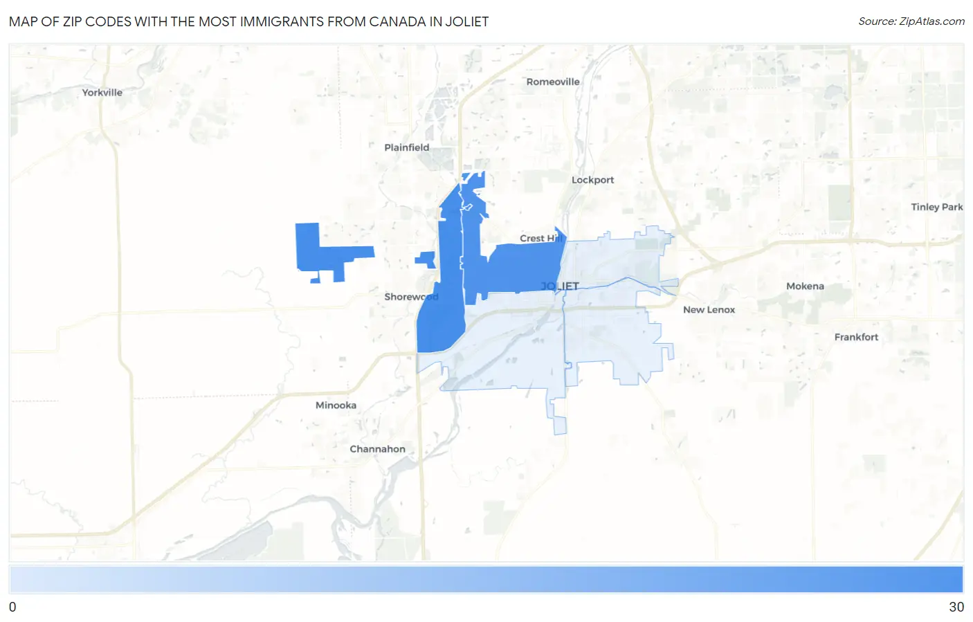 Zip Codes with the Most Immigrants from Canada in Joliet Map