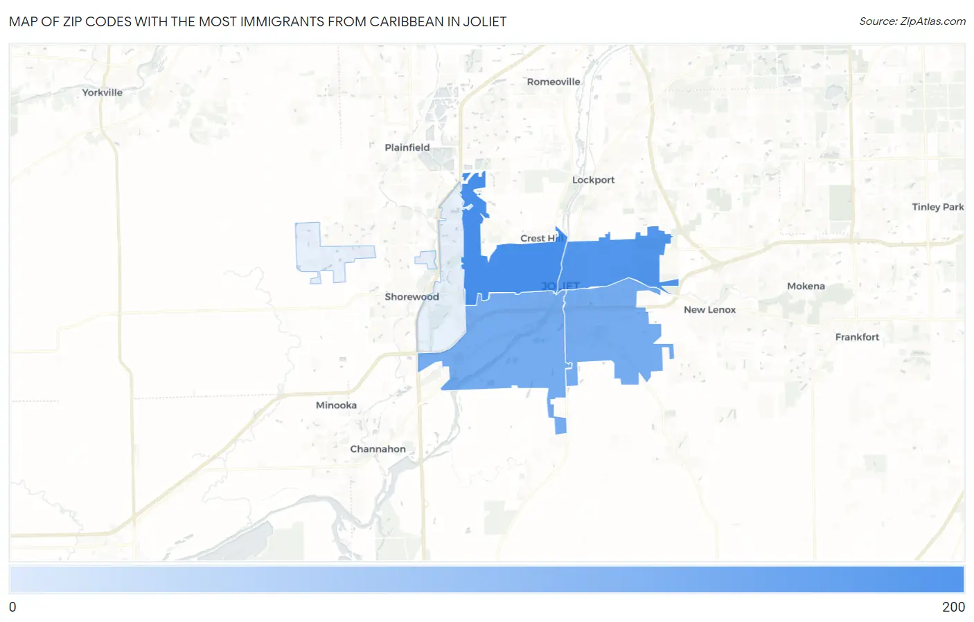 Zip Codes with the Most Immigrants from Caribbean in Joliet Map