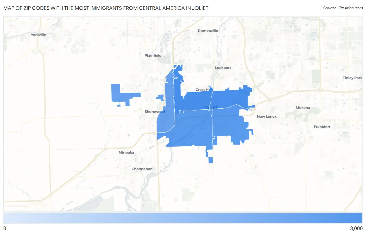 Zip Codes with the Most Immigrants from Central America in Joliet Map
