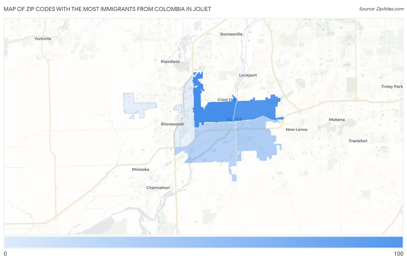 Zip Codes with the Most Immigrants from Colombia in Joliet Map