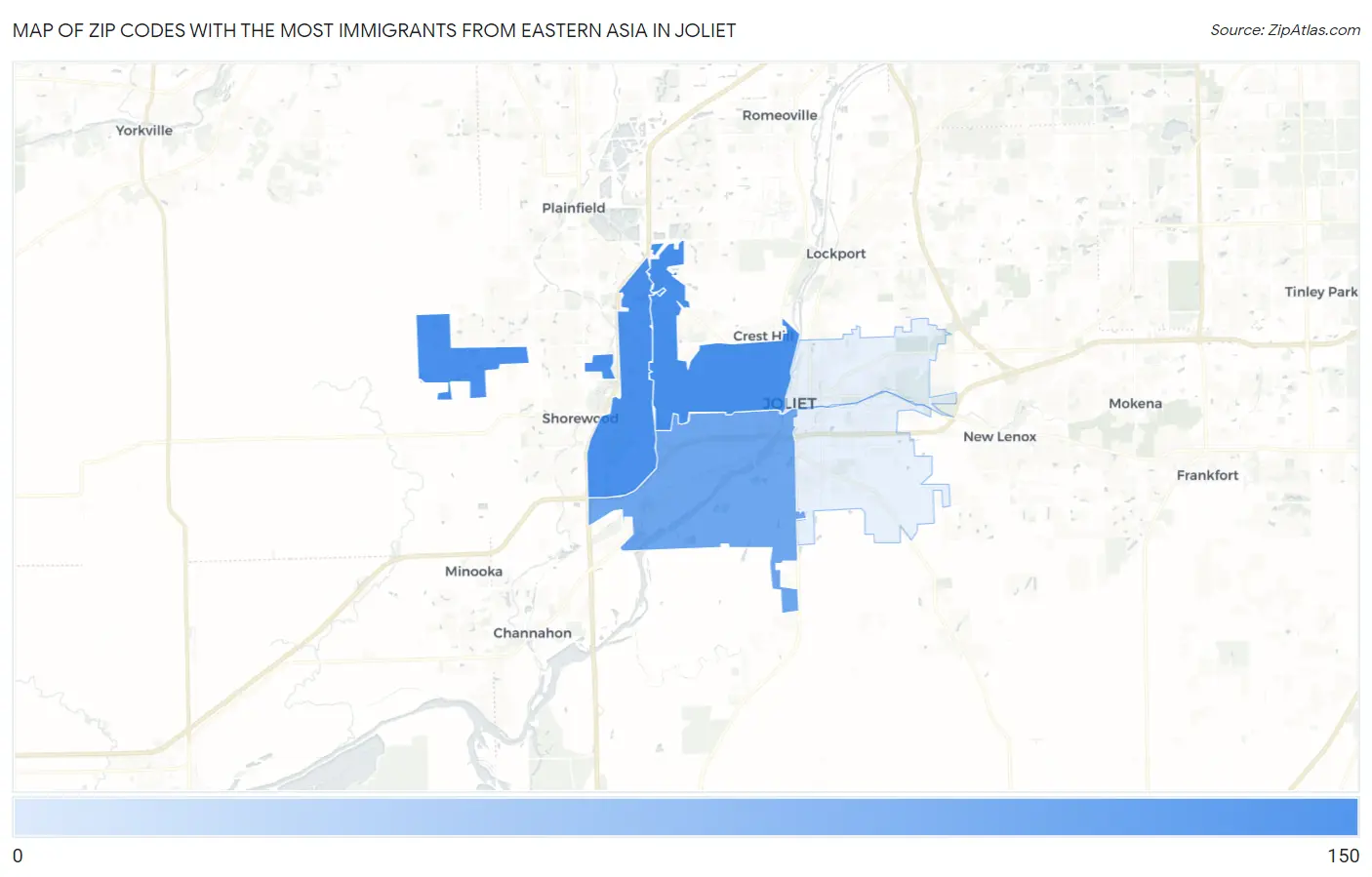 Zip Codes with the Most Immigrants from Eastern Asia in Joliet Map