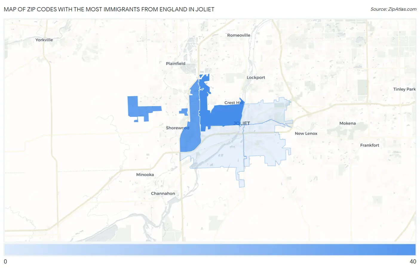 Zip Codes with the Most Immigrants from England in Joliet Map