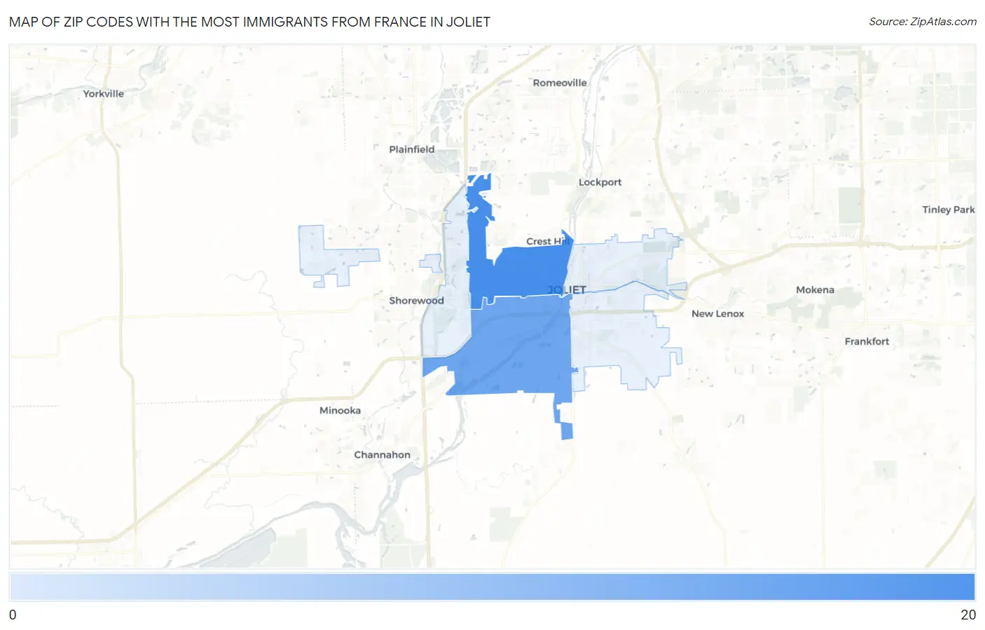 Zip Codes with the Most Immigrants from France in Joliet Map
