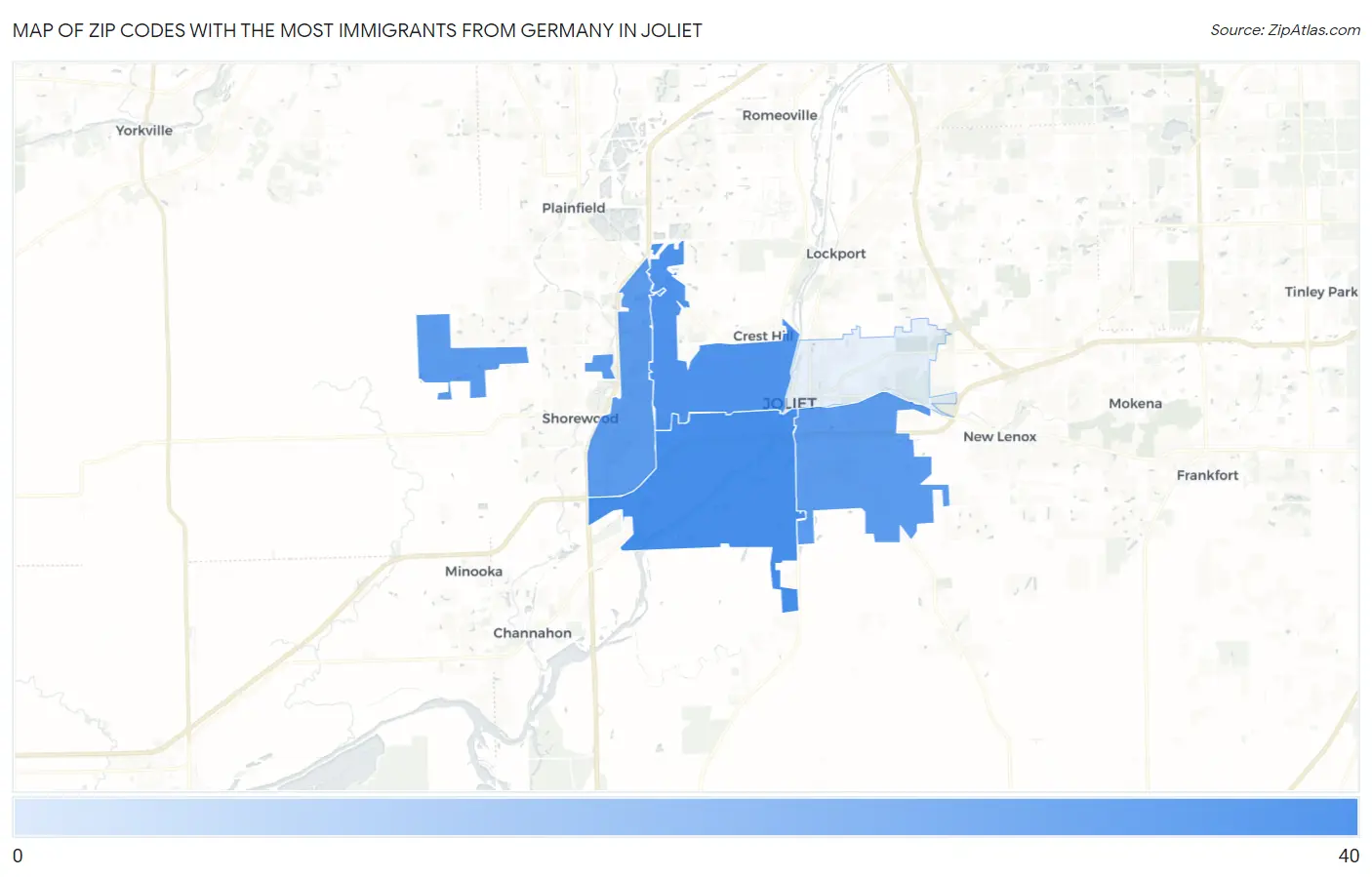 Zip Codes with the Most Immigrants from Germany in Joliet Map