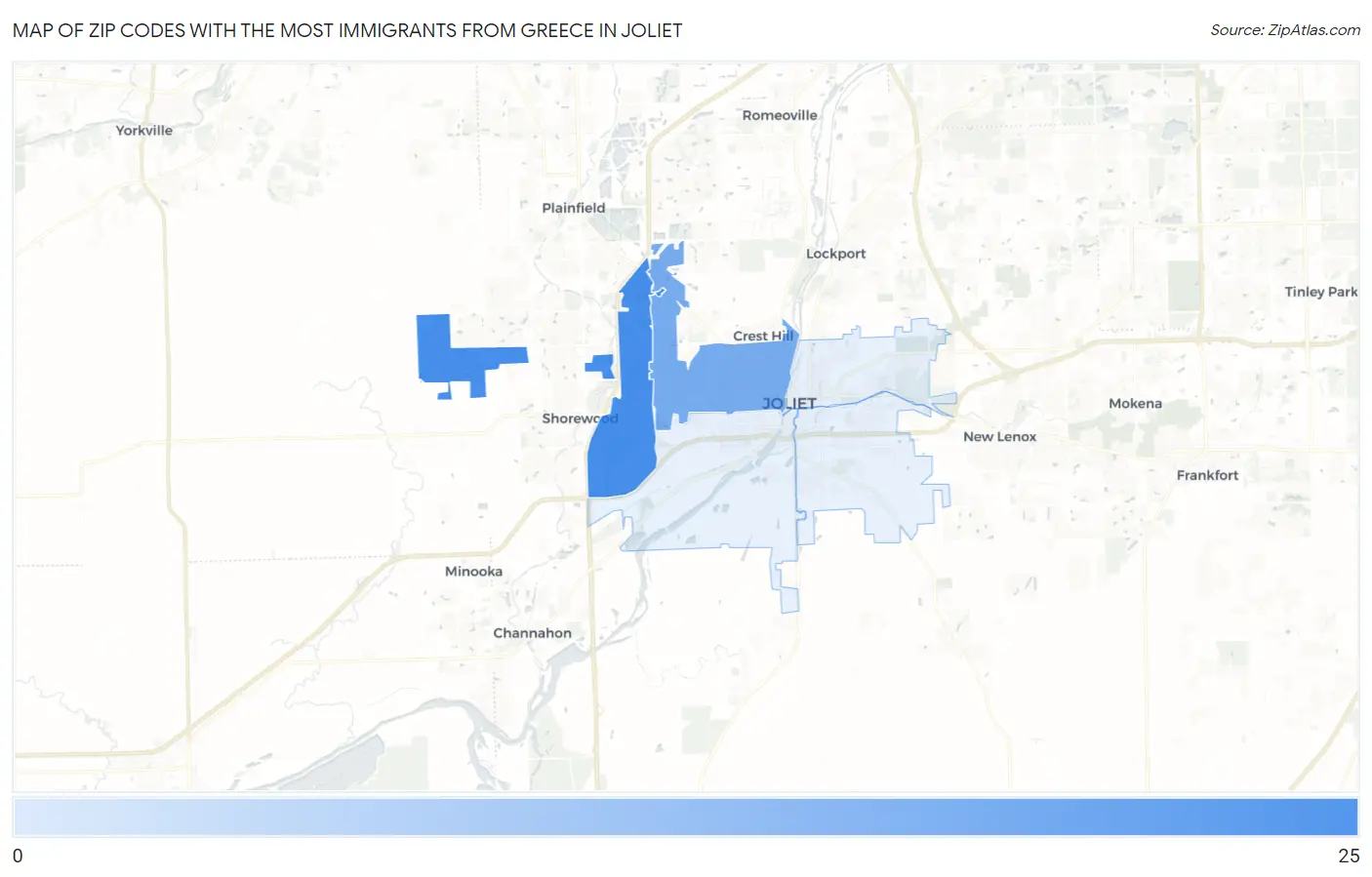 Zip Codes with the Most Immigrants from Greece in Joliet Map