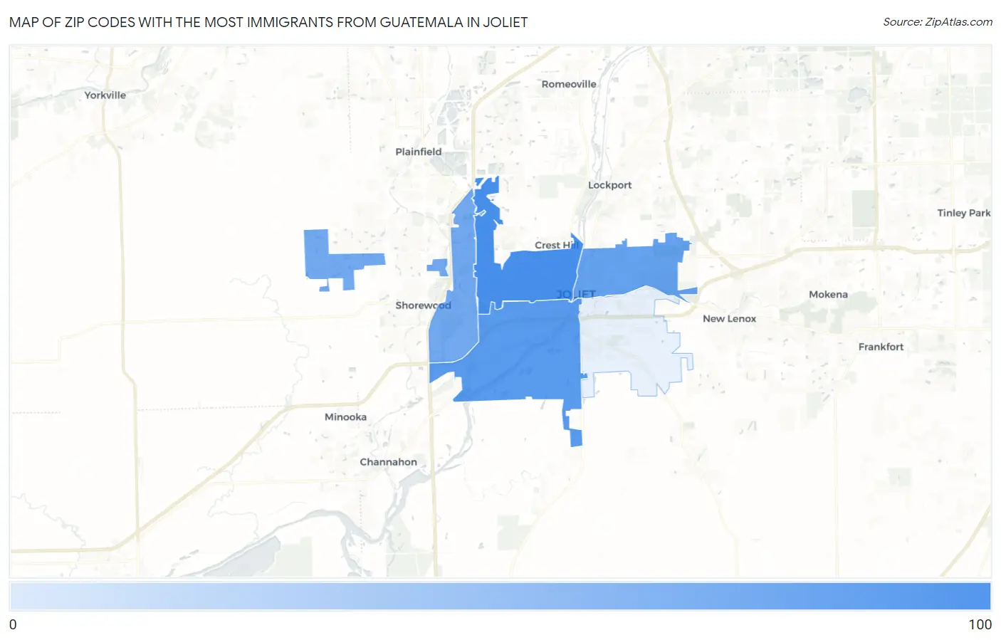 Zip Codes with the Most Immigrants from Guatemala in Joliet Map
