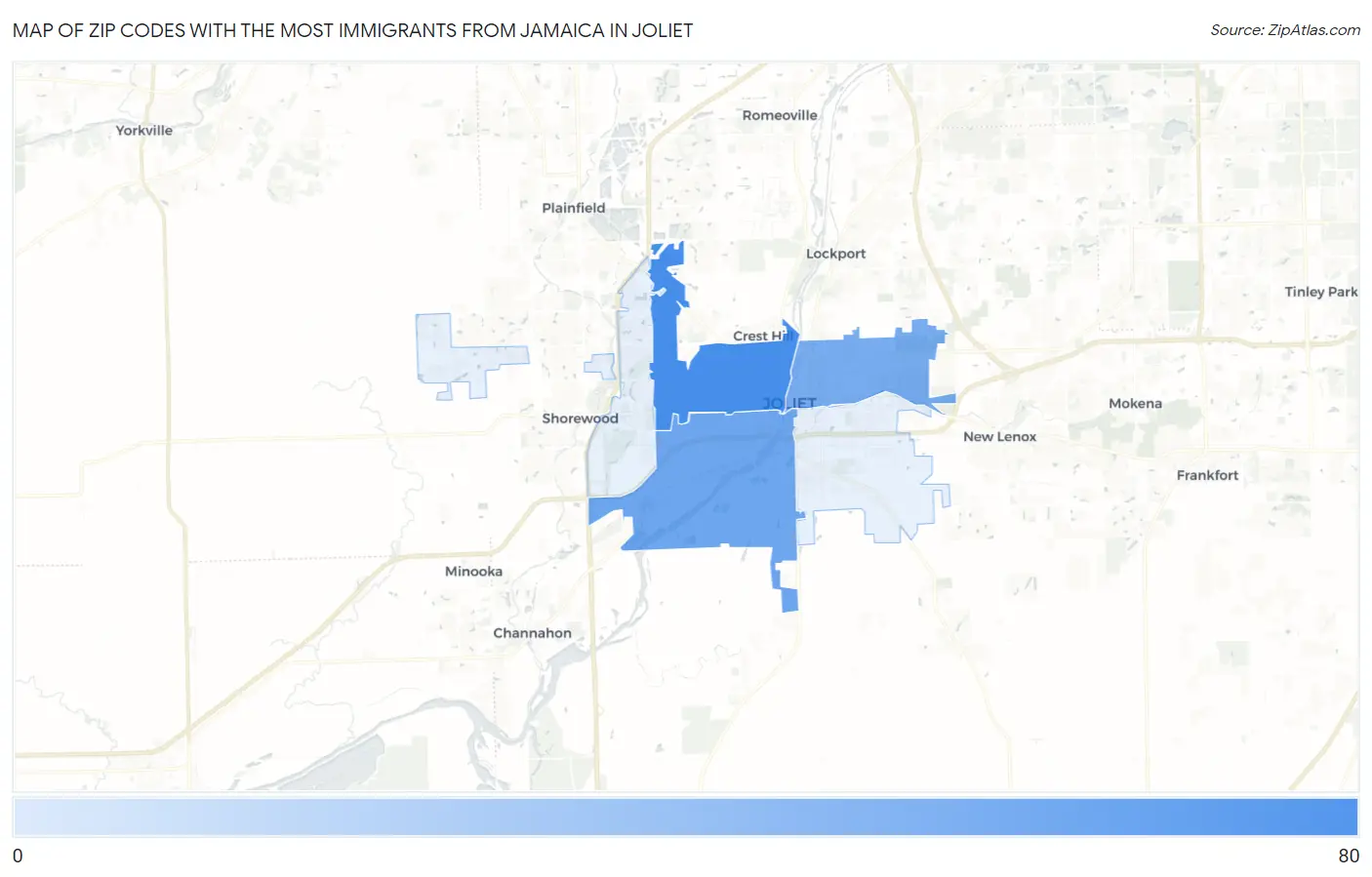 Zip Codes with the Most Immigrants from Jamaica in Joliet Map