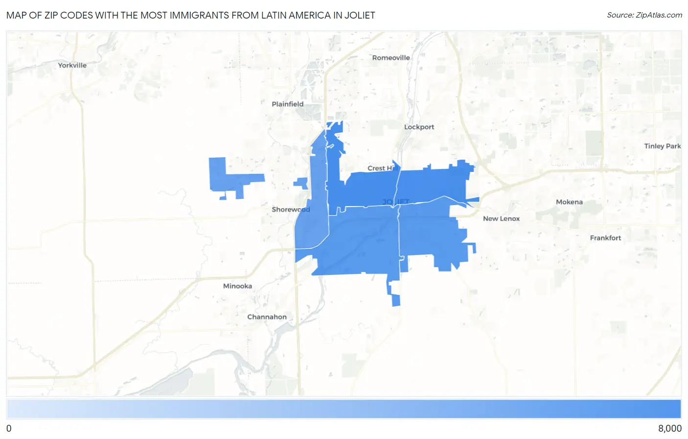 Zip Codes with the Most Immigrants from Latin America in Joliet Map