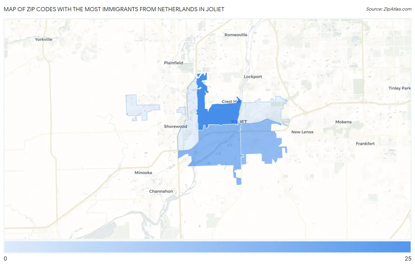 Zip Codes with the Most Immigrants from Netherlands in Joliet Map