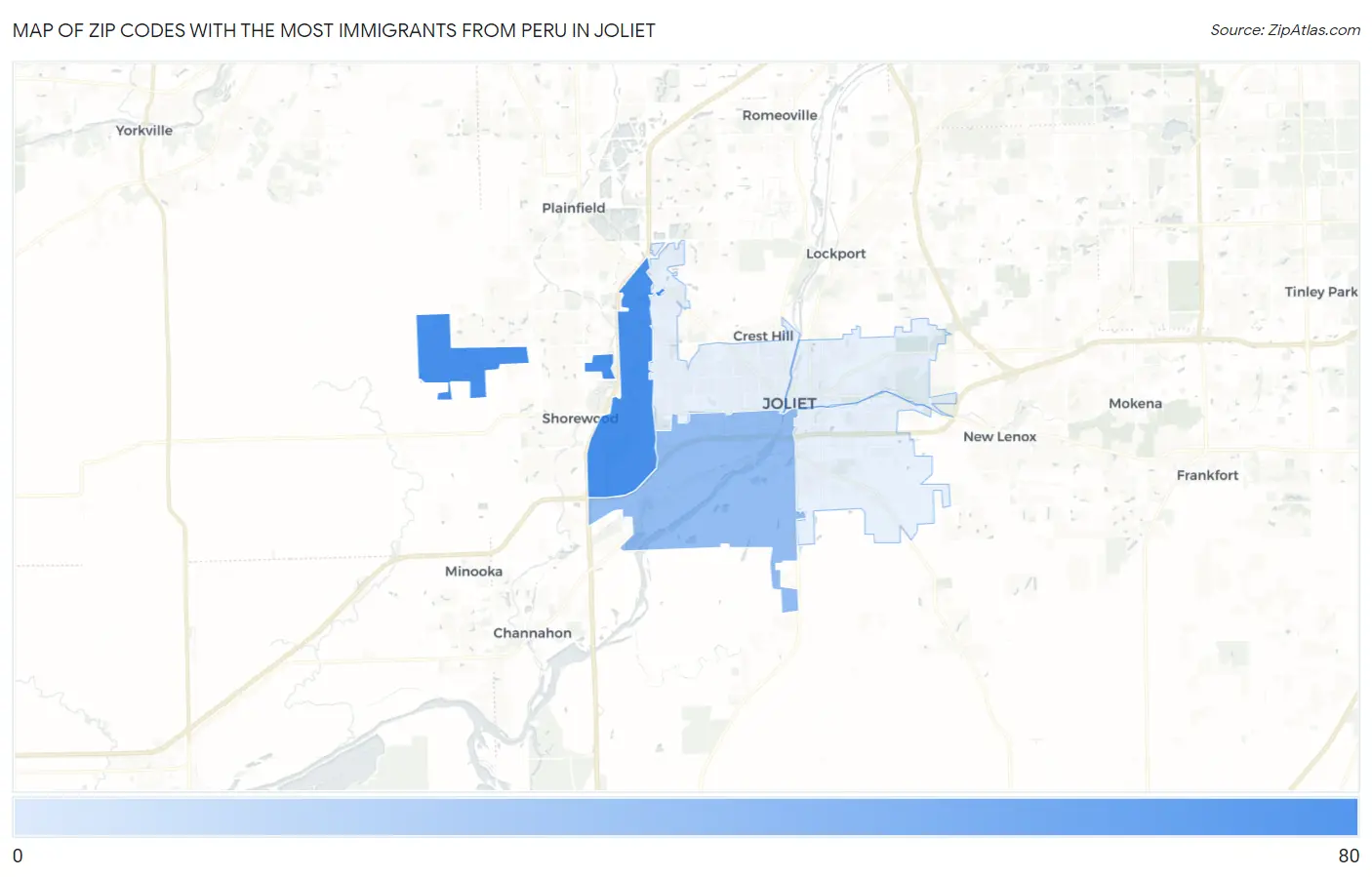 Zip Codes with the Most Immigrants from Peru in Joliet Map