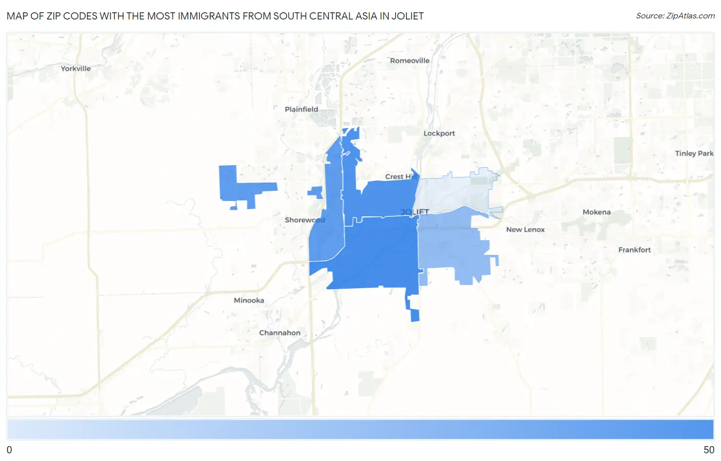 Zip Codes with the Most Immigrants from South Central Asia in Joliet Map
