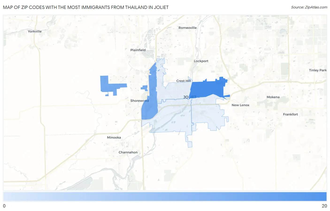 Zip Codes with the Most Immigrants from Thailand in Joliet Map