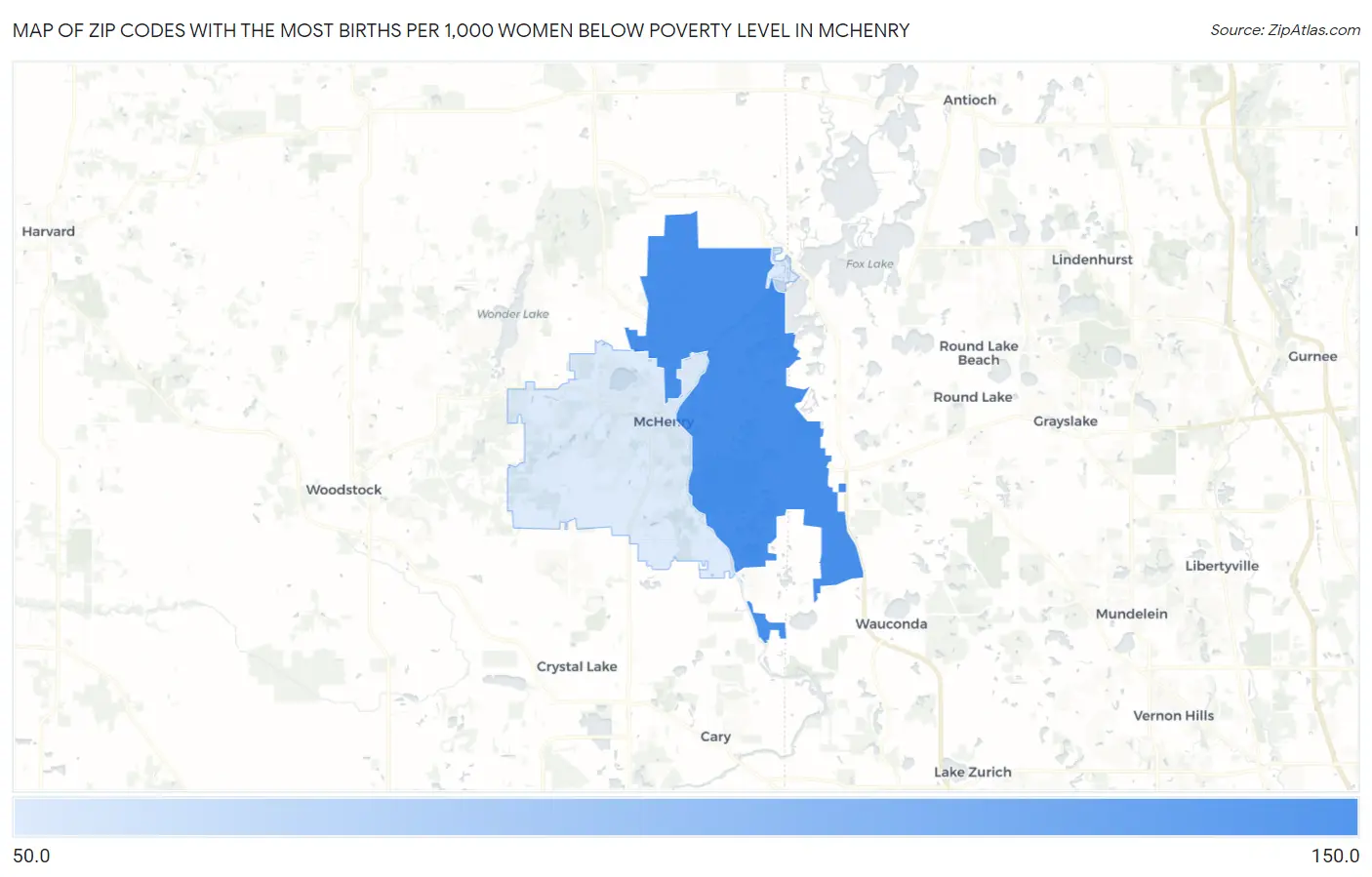 Zip Codes with the Most Births per 1,000 Women Below Poverty Level in Mchenry Map