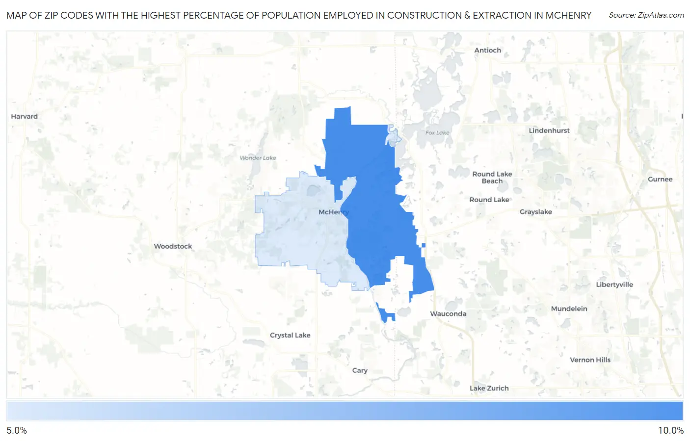 Zip Codes with the Highest Percentage of Population Employed in Construction & Extraction in Mchenry Map