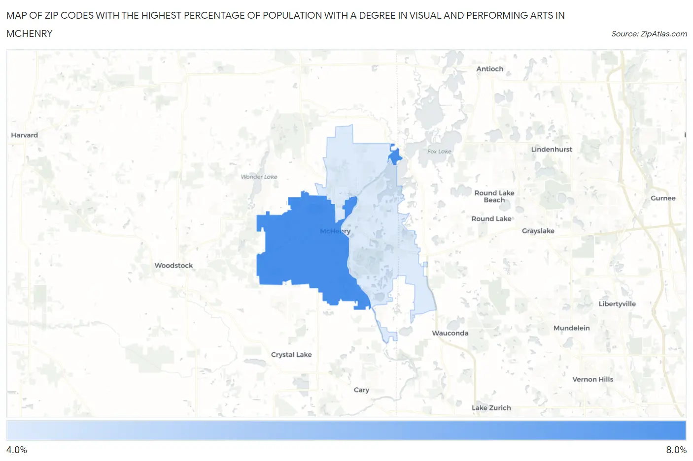 Zip Codes with the Highest Percentage of Population with a Degree in Visual and Performing Arts in Mchenry Map