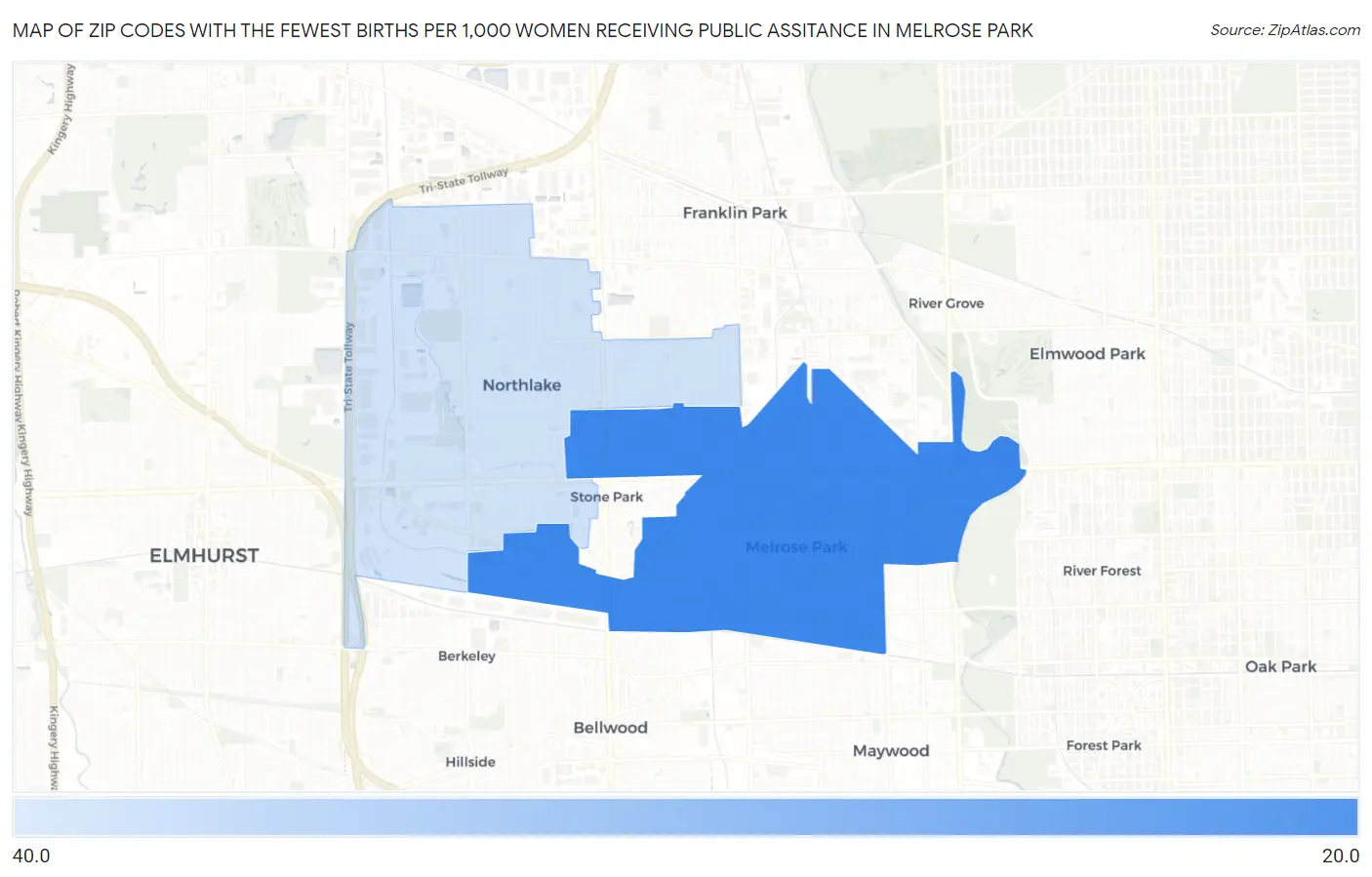 Zip Codes with the Fewest Births per 1,000 Women Receiving Public Assitance in Melrose Park Map
