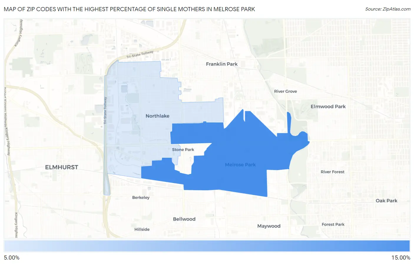 Zip Codes with the Highest Percentage of Single Mothers in Melrose Park Map