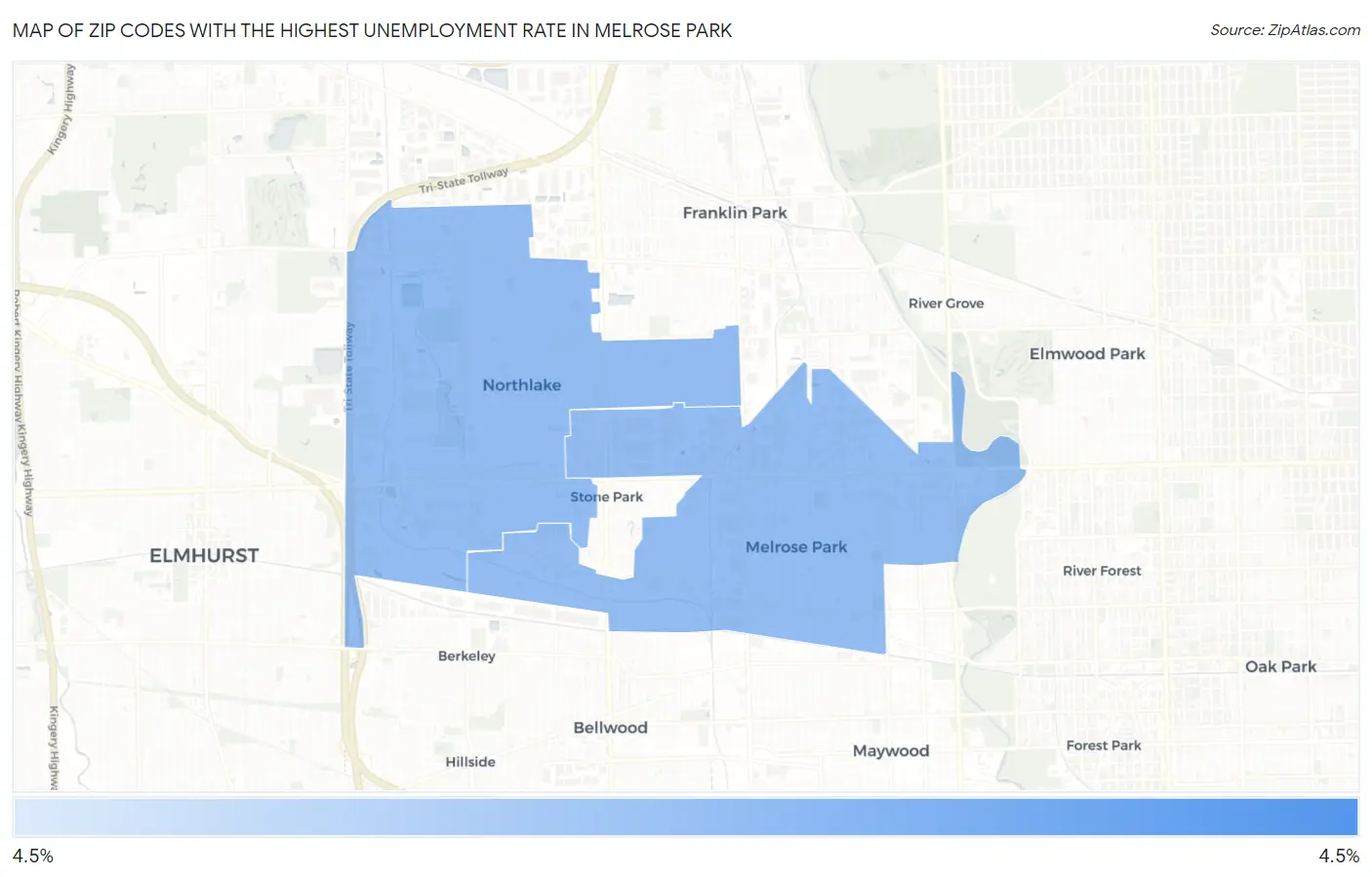 Zip Codes with the Highest Unemployment Rate in Melrose Park Map