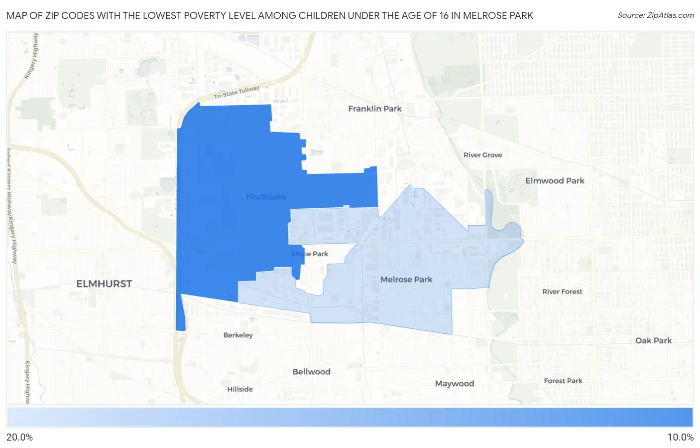 Zip Codes with the Lowest Poverty Level Among Children Under the Age of 16 in Melrose Park Map