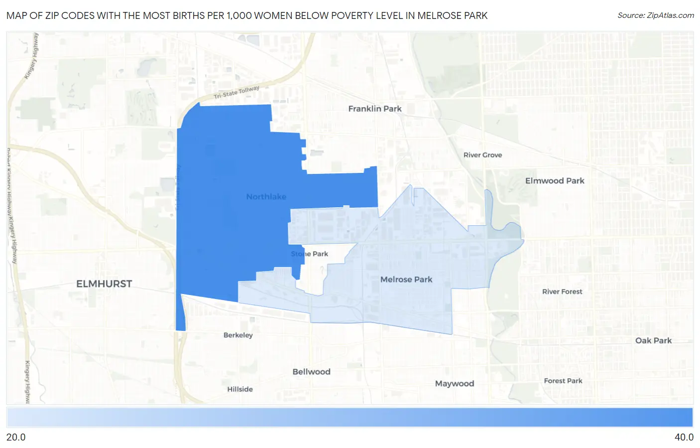 Zip Codes with the Most Births per 1,000 Women Below Poverty Level in Melrose Park Map