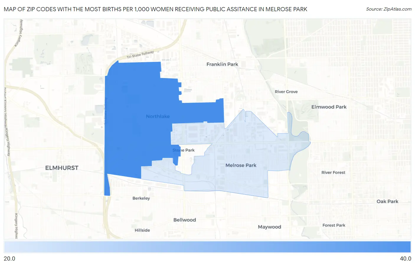 Zip Codes with the Most Births per 1,000 Women Receiving Public Assitance in Melrose Park Map