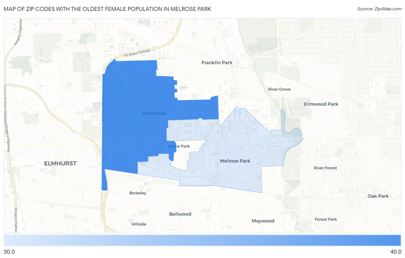 Zip Codes with the Oldest Female Population in Melrose Park Map