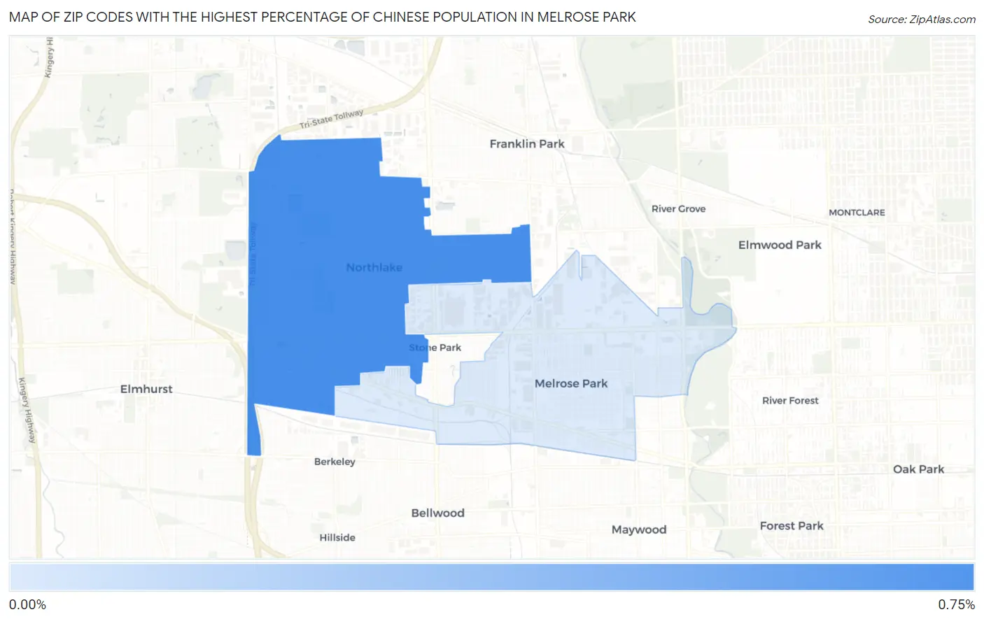 Zip Codes with the Highest Percentage of Chinese Population in Melrose Park Map