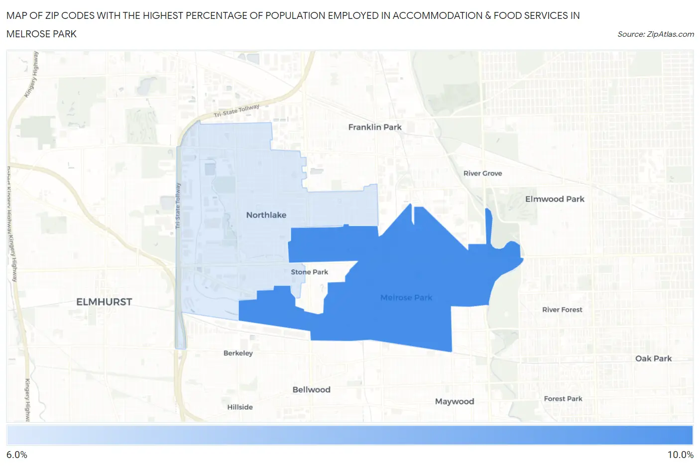 Zip Codes with the Highest Percentage of Population Employed in Accommodation & Food Services in Melrose Park Map