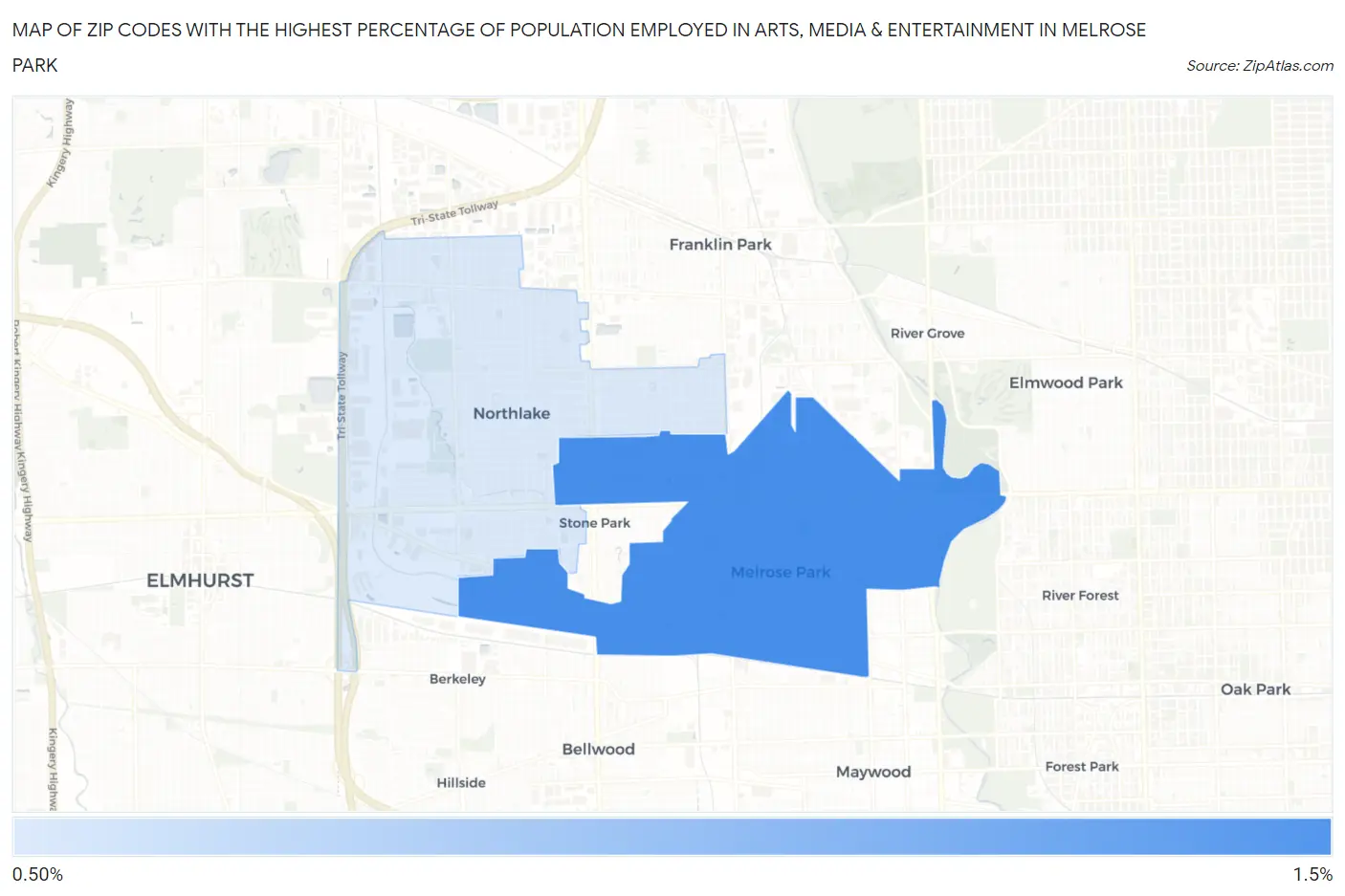 Zip Codes with the Highest Percentage of Population Employed in Arts, Media & Entertainment in Melrose Park Map