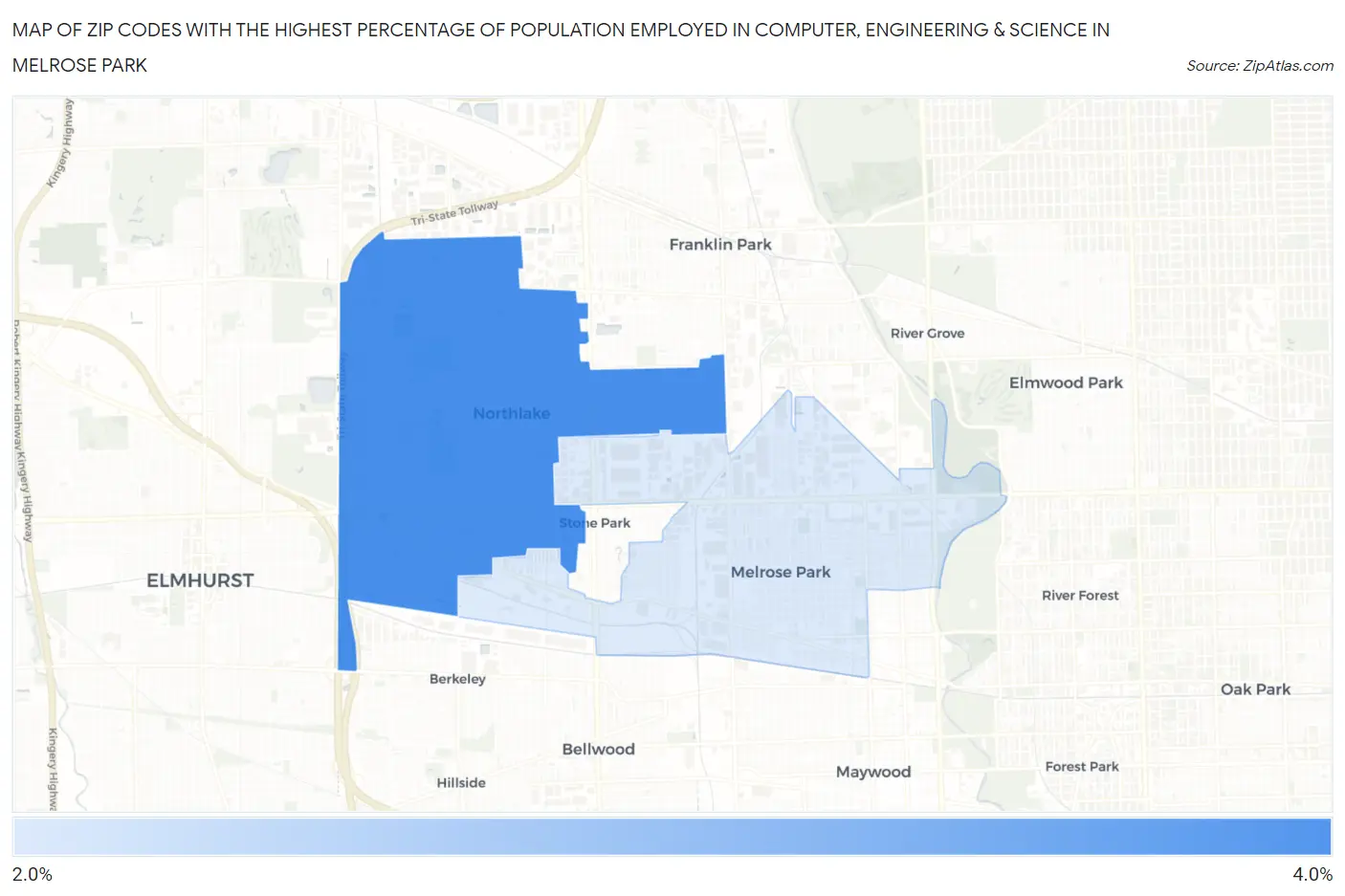 Zip Codes with the Highest Percentage of Population Employed in Computer, Engineering & Science in Melrose Park Map