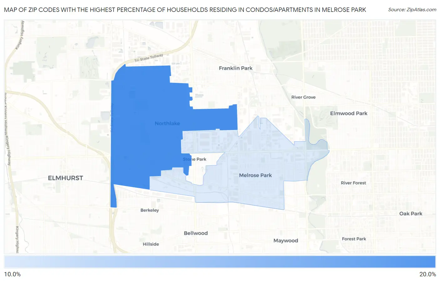 Zip Codes with the Highest Percentage of Households Residing in Condos/Apartments in Melrose Park Map