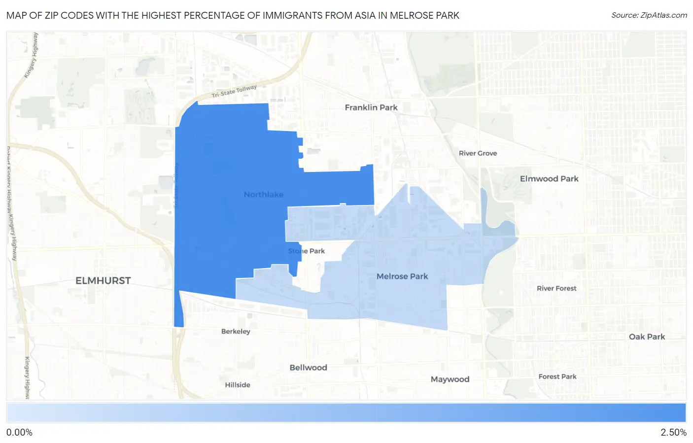 Zip Codes with the Highest Percentage of Immigrants from Asia in Melrose Park Map