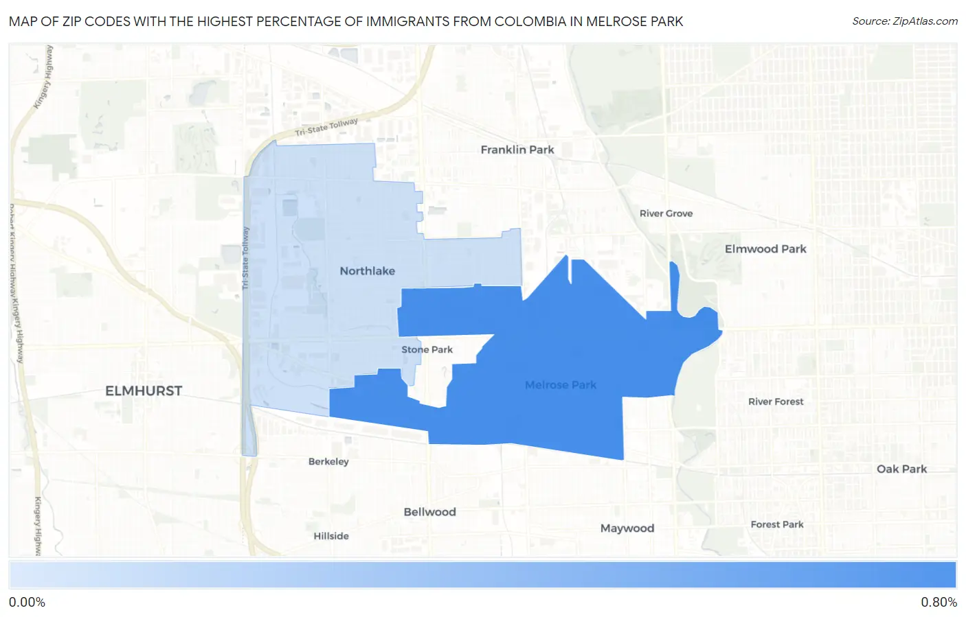 Zip Codes with the Highest Percentage of Immigrants from Colombia in Melrose Park Map